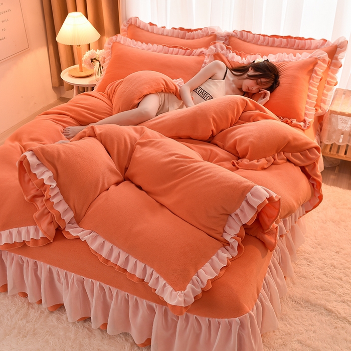 91家纺网 家纺一手货源 找家纺 大麦家纺 2024新款加厚牛奶绒小清新公主风四件套--场景一 橘色