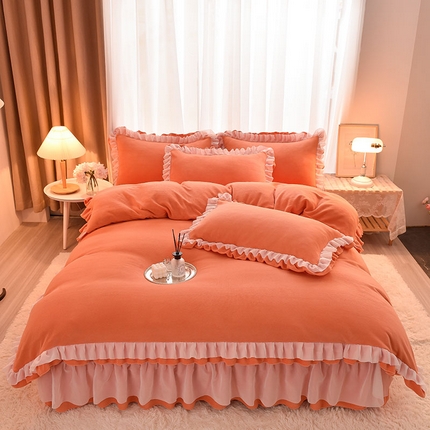 91家纺网 家纺一手货源 找家纺 大麦家纺 2024新款加厚牛奶绒小清新公主风四件套--场景一 橘色