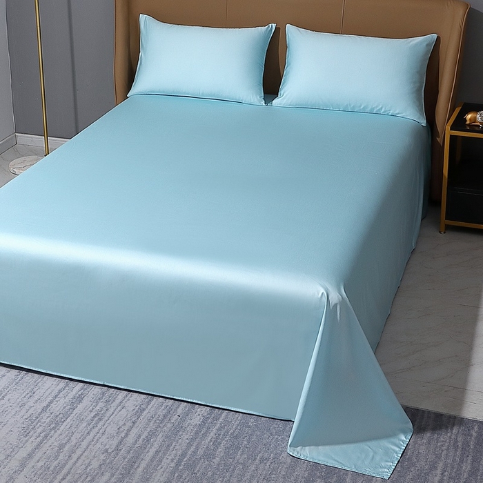 91家纺网 家纺一手货源 找家纺 晶缦家纺2023新款纯棉50支双股贡缎长绒棉纯色单品床单 纯沐-浅天蓝