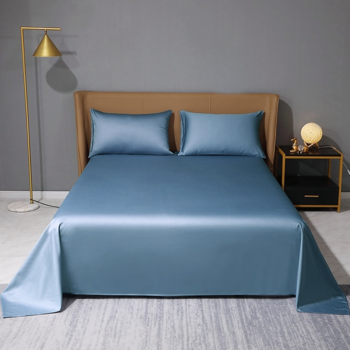 91家纺网 家纺一手货源 找家纺 晶缦家纺2023新款纯棉50支双股贡缎长绒棉纯色单品床单 纯沐-天青蓝