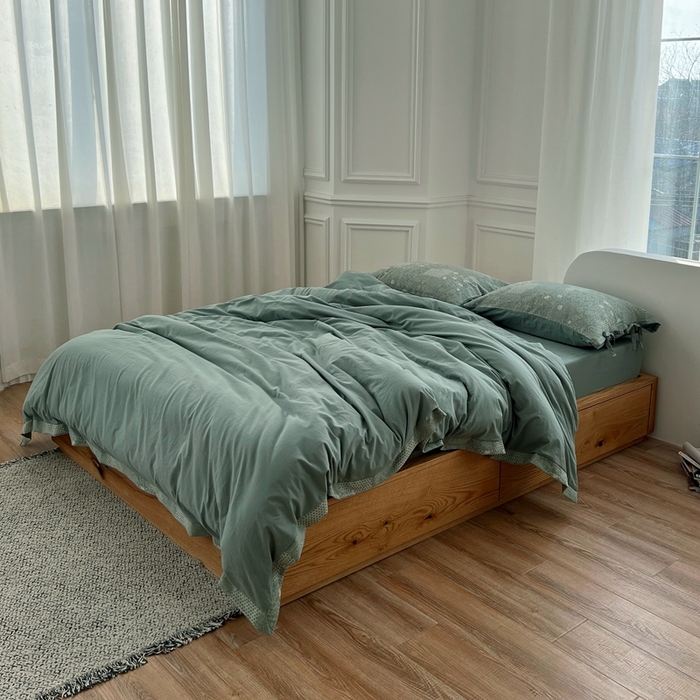 91家纺网 家纺一手货源 找家纺 总 安莱生活2023新款全棉色织水洗棉宽边拼角蝴蝶结款四件套-缤纷花研