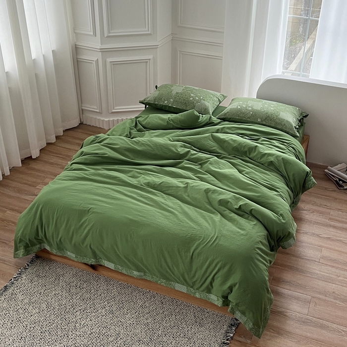 91家纺网 家纺一手货源 找家纺 安莱生活 2023新款全棉色织水洗棉宽边拼角蝴蝶结款四件套-缤纷花研 缤纷华妍-嫩绿