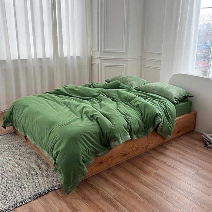 91家纺网 家纺一手货源 找家纺 安莱生活 2023新款全棉色织水洗棉宽边拼角蝴蝶结款四件套-缤纷花研 缤纷华妍-嫩绿