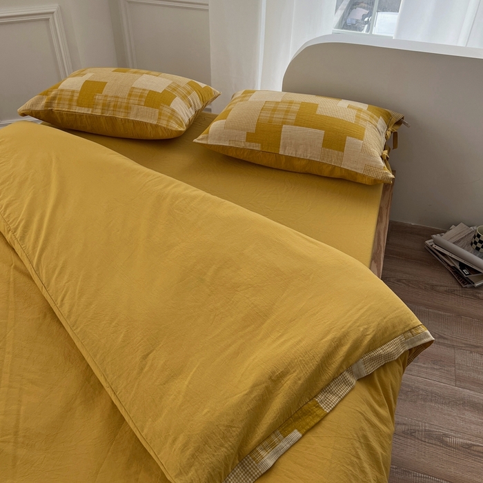 91家纺网 家纺一手货源 找家纺 安莱生活 2023简约拼布田园拼边四件套图1 拼布田园-姜黄