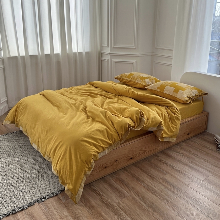 91家纺网 家纺一手货源 找家纺 安莱生活 2023简约拼布田园拼边四件套图1 拼布田园-姜黄