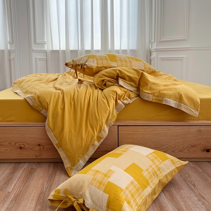 91家纺网 家纺一手货源 找家纺 安莱生活 2023简约拼布田园拼边四件套图1 拼布田园-姜黄