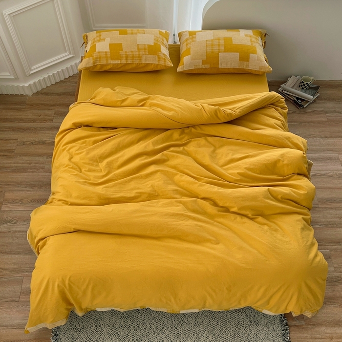 91家纺网 家纺一手货源 找家纺 安莱生活 2023简约拼布田园拼边四件套图1 拼布田园-姜黄