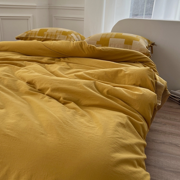 91家纺网 家纺一手货源 找家纺 安莱生活 2023简约拼布田园拼边四件套图1 拼布田园-姜黄