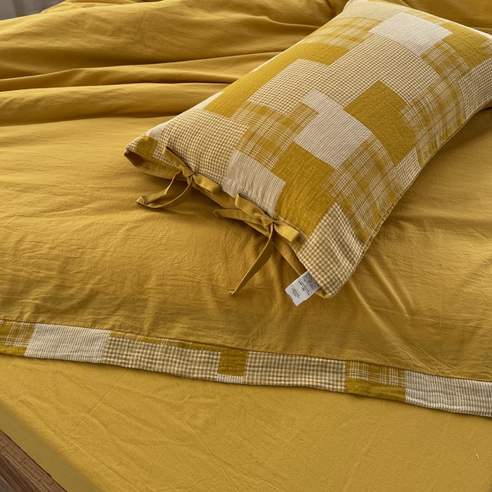 91家纺网 家纺一手货源 找家纺 安莱生活 2023简约拼布田园拼边四件套图1 拼布田园-姜黄