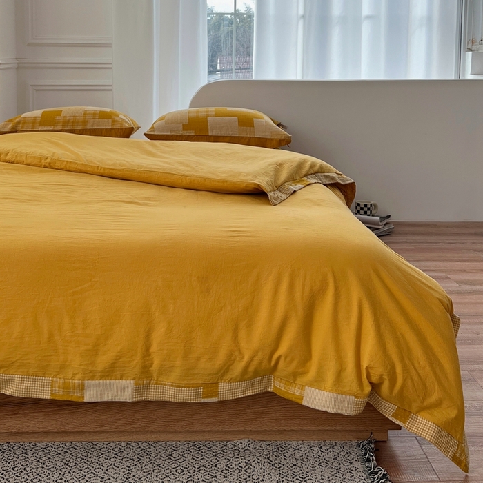 91家纺网 家纺一手货源 找家纺 安莱生活 2023简约拼布田园拼边四件套图1 拼布田园-姜黄