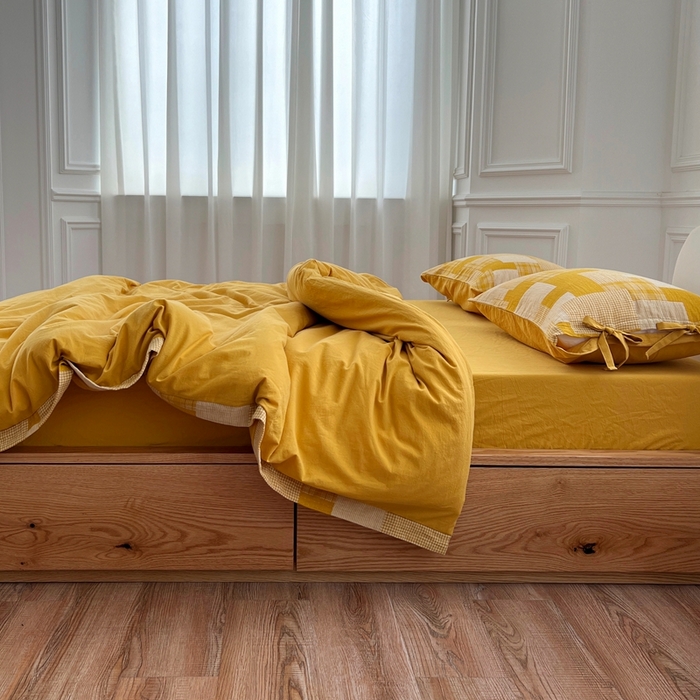 91家纺网 家纺一手货源 找家纺 安莱生活 2023简约拼布田园拼边四件套图1 拼布田园-姜黄