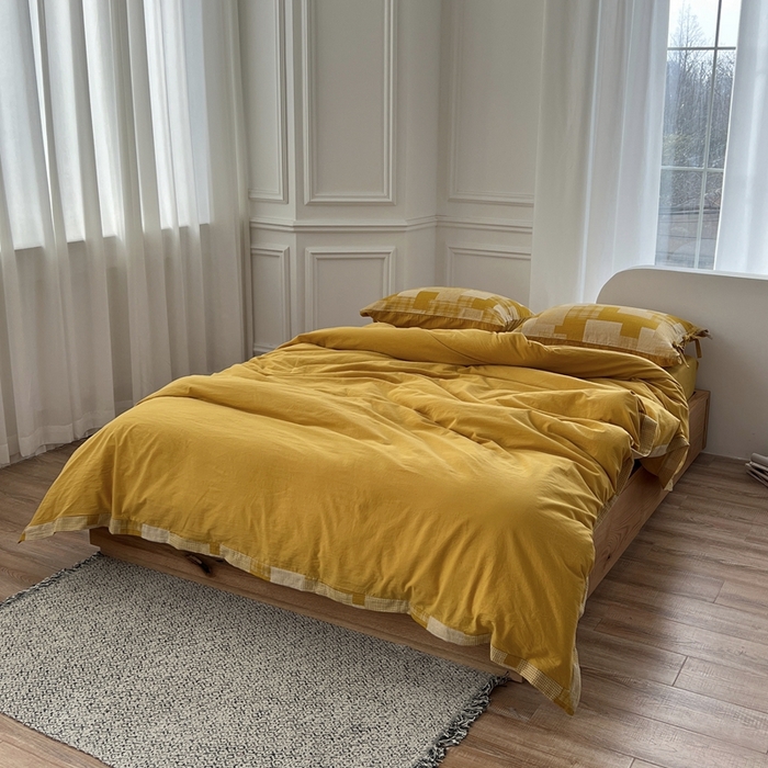 91家纺网 家纺一手货源 找家纺 安莱生活 2023简约拼布田园拼边四件套图1 拼布田园-姜黄