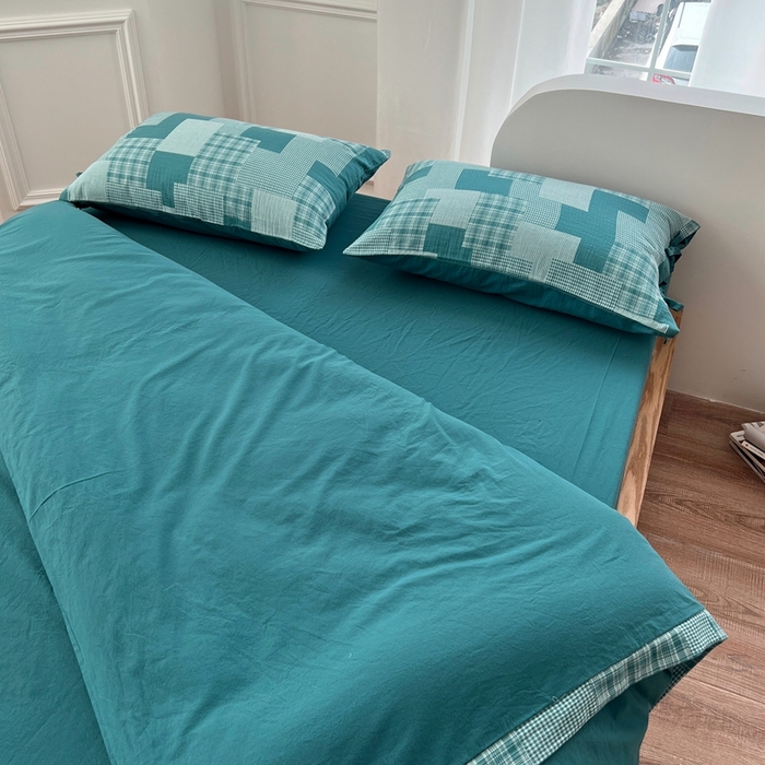 91家纺网 家纺一手货源 找家纺 安莱生活 2023简约拼布田园拼边四件套图1 拼布田园-雾蓝