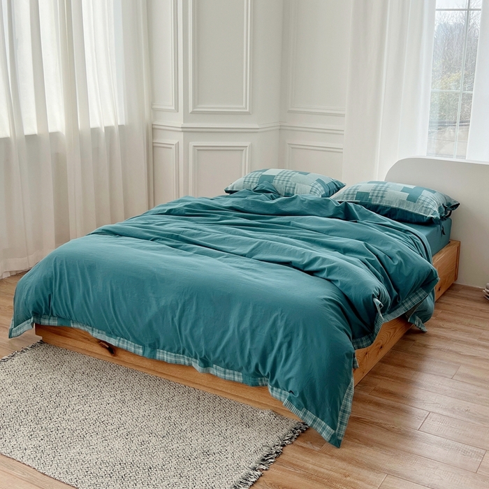 91家纺网 家纺一手货源 找家纺 安莱生活 2023简约拼布田园拼边四件套图1 拼布田园-雾蓝