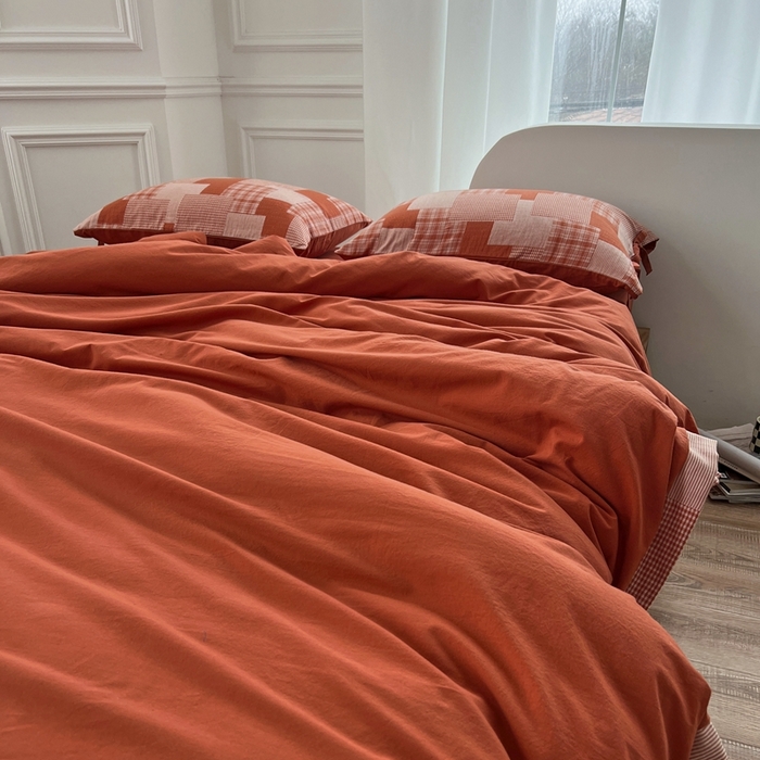 91家纺网 家纺一手货源 找家纺 安莱生活 2023简约拼布田园拼边四件套图1 拼布田园-橘红