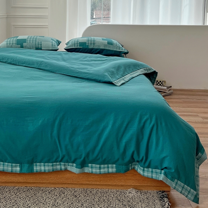 91家纺网 家纺一手货源 找家纺 安莱生活 2023简约拼布田园拼边四件套图1 拼布田园-雾蓝