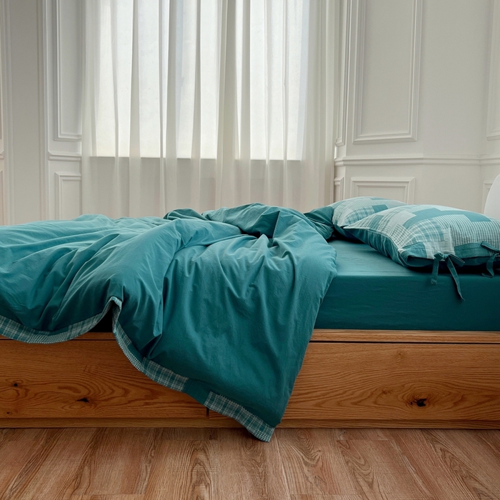 91家纺网 家纺一手货源 找家纺 安莱生活 2023简约拼布田园拼边四件套图1 拼布田园-雾蓝