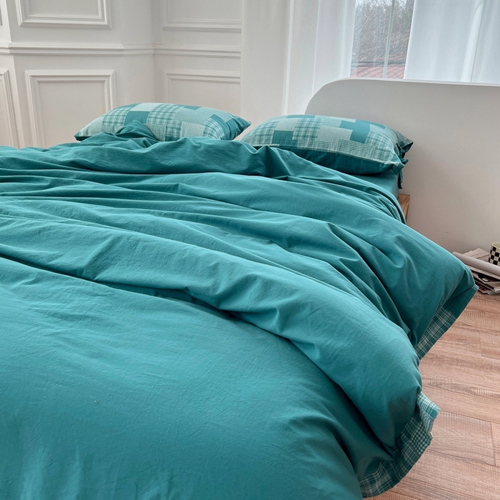 91家纺网 家纺一手货源 找家纺 安莱生活 2023简约拼布田园拼边四件套图1 拼布田园-雾蓝