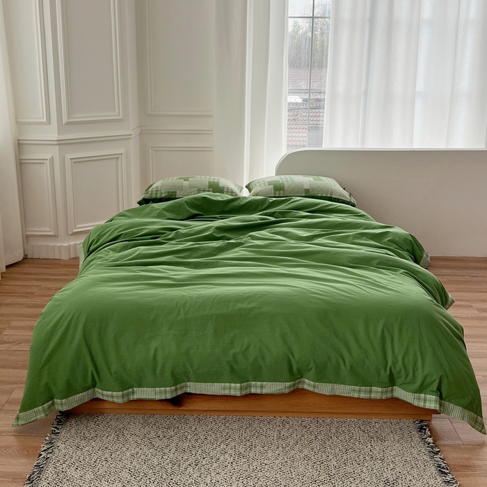 91家纺网 家纺一手货源 找家纺 安莱生活 2023简约拼布田园拼边四件套图1 拼布田园-嫩绿