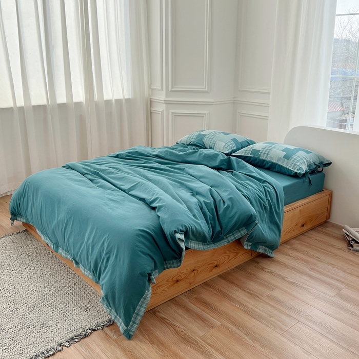 91家纺网 家纺一手货源 找家纺 安莱生活 2023简约拼布田园拼边四件套图1 拼布田园-雾蓝