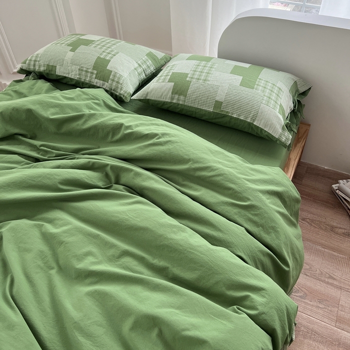 91家纺网 家纺一手货源 找家纺 安莱生活 2023简约拼布田园拼边四件套图1 拼布田园-嫩绿