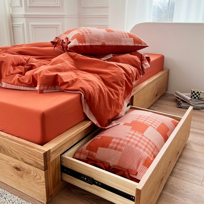 91家纺网 家纺一手货源 找家纺 安莱生活 2023简约拼布田园拼边四件套图1 拼布田园-橘红