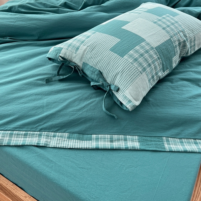 91家纺网 家纺一手货源 找家纺 安莱生活 2023简约拼布田园拼边四件套图1 拼布田园-雾蓝