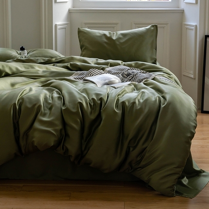 沐晴家纺 2025新款60兰精天丝简约轻奢纯色四件套 欧芹绿