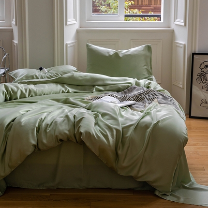 沐晴家纺 2025新款60兰精天丝简约轻奢纯色四件套 嫩芽绿