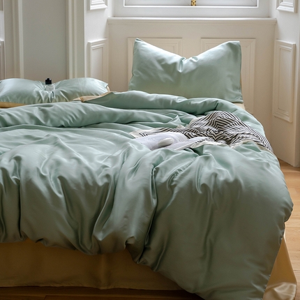 沐晴家纺 2025新款60兰精天丝简约轻奢纯色四件套 浅艾绿-香槟金