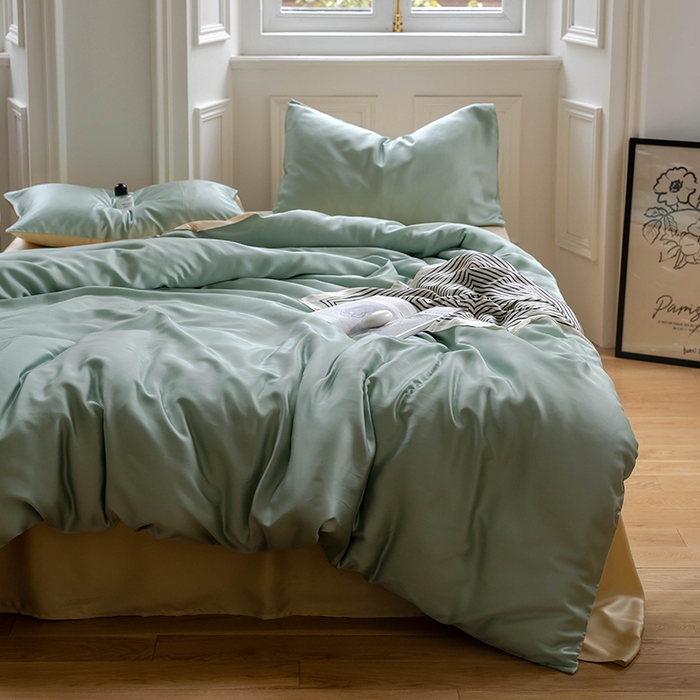 91家纺网 家纺一手货源 找家纺 沐晴家纺 2025新款60兰精天丝简约轻奢纯色四件套 浅艾绿-香槟金