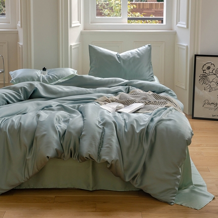 沐晴家纺 2025新款60兰精天丝简约轻奢纯色四件套 天空蓝-浅艾绿