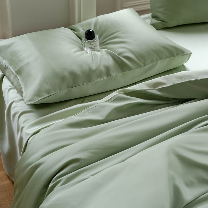 91家纺网 家纺一手货源 找家纺 沐晴家纺 2025新款60兰精天丝简约轻奢纯色四件套 香奈绿-嫩叶绿