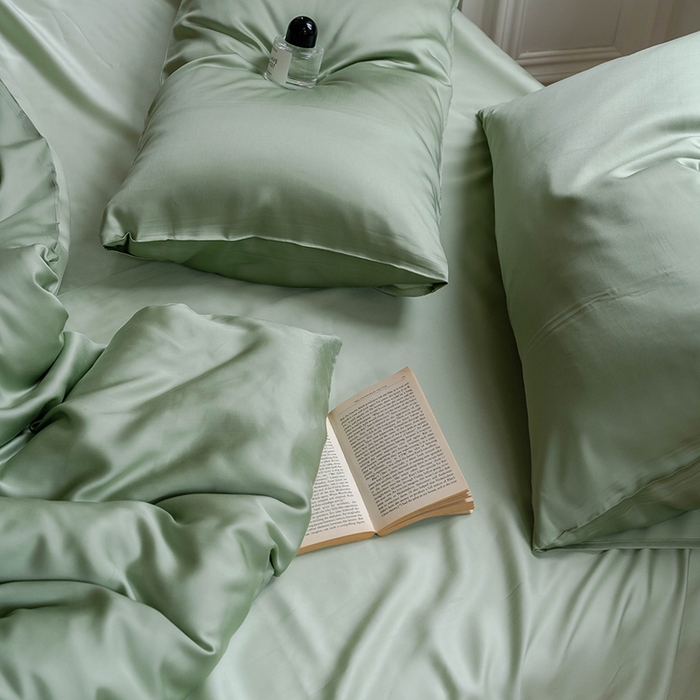 91家纺网 家纺一手货源 找家纺 沐晴家纺 2025新款60兰精天丝简约轻奢纯色四件套 香奈绿-嫩叶绿