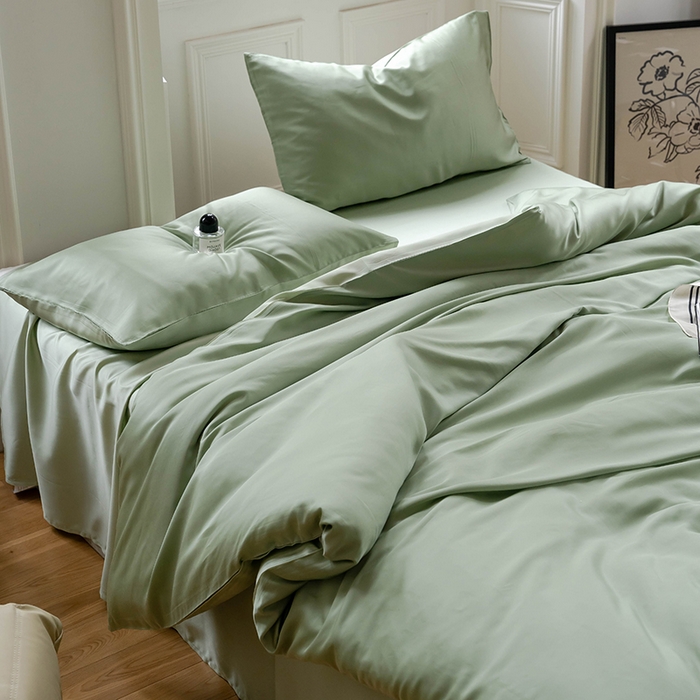 91家纺网 家纺一手货源 找家纺 沐晴家纺 2025新款60兰精天丝简约轻奢纯色四件套 香奈绿-嫩叶绿