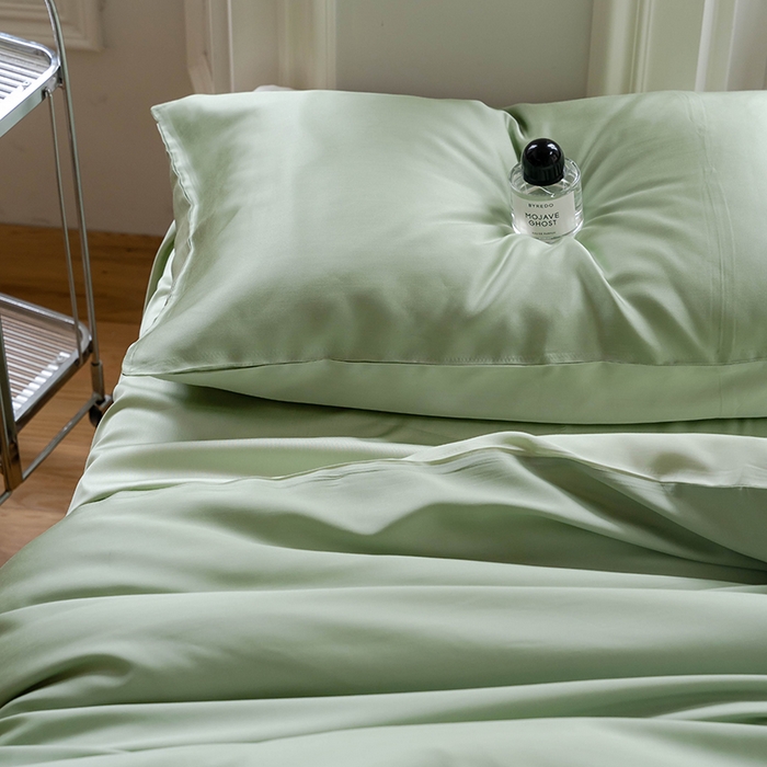 91家纺网 家纺一手货源 找家纺 沐晴家纺 2025新款60兰精天丝简约轻奢纯色四件套 香奈绿-嫩叶绿