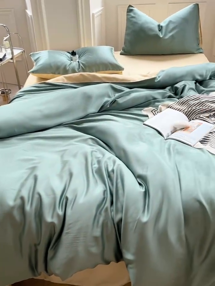 91家纺网 家纺一手货源 找家纺 沐晴家纺 2025新款60兰精天丝简约轻奢纯色四件套 浅艾绿-香槟金