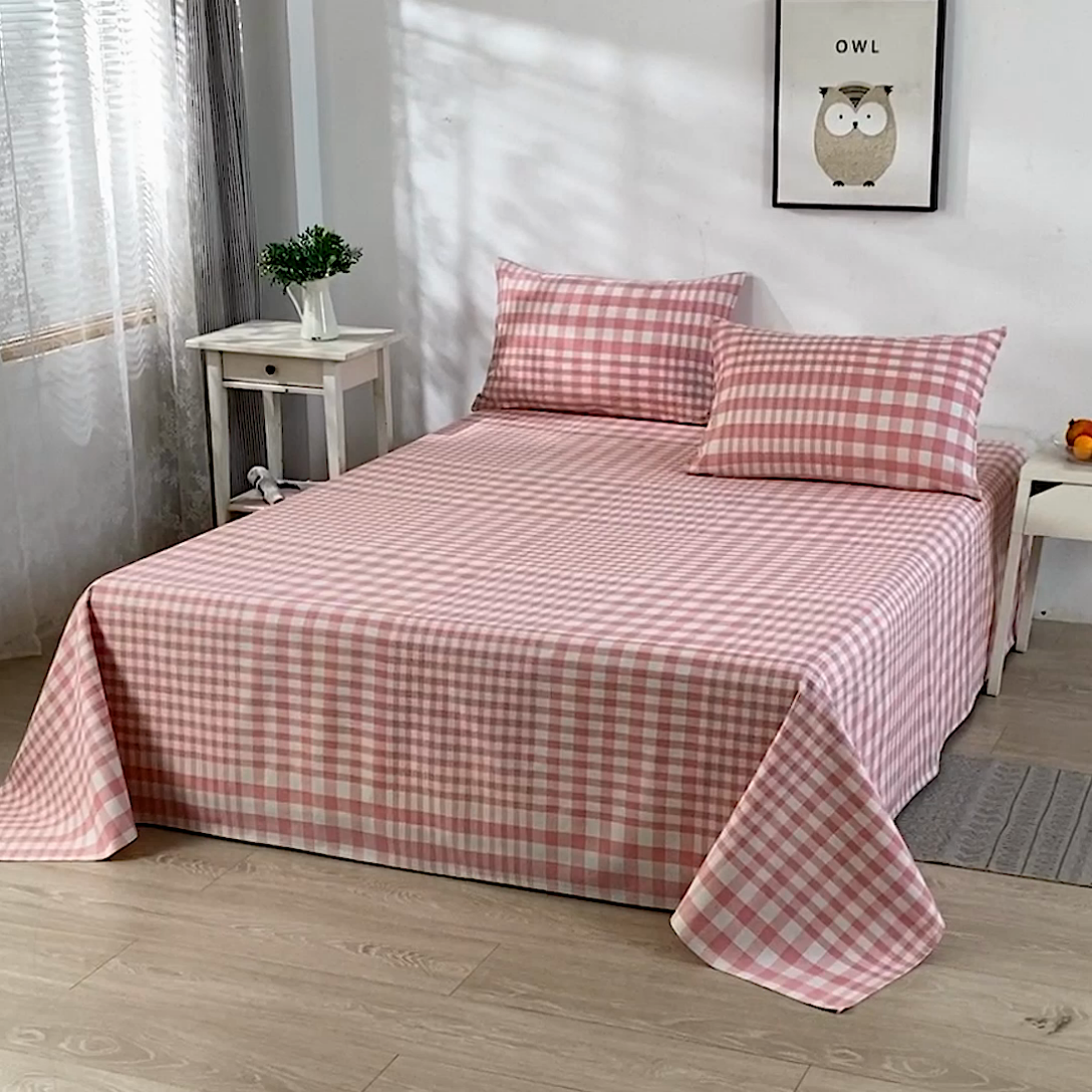 91家纺网 家纺一手货源 找家纺 韩后 2025新款粗布印花床单枕套三件套（新） 粉小格