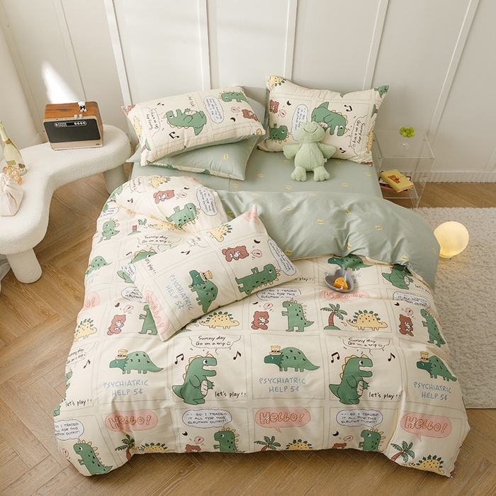 91家纺网 家纺一手货源 找家纺 简宜家居2023新款40支13070全棉四件套--卡通小清新系列 元气恐龙