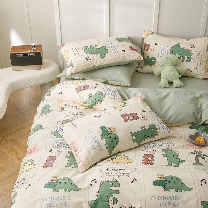 91家纺网 家纺一手货源 找家纺 简宜家居2023新款40支13070全棉四件套--卡通小清新系列 元气恐龙