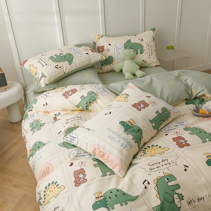 91家纺网 家纺一手货源 找家纺 简宜家居2023新款40支13070全棉四件套--卡通小清新系列 元气恐龙