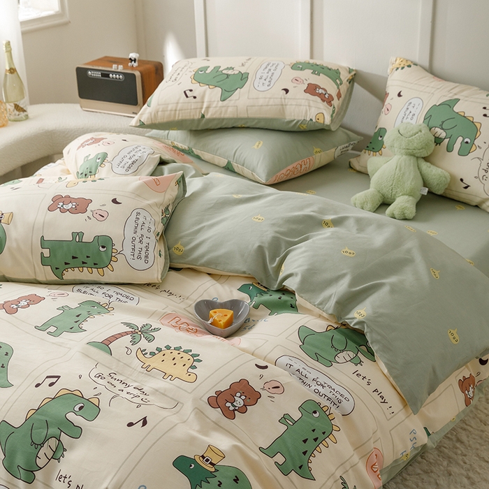 91家纺网 家纺一手货源 找家纺 简宜家居2023新款40支13070全棉四件套--卡通小清新系列 元气恐龙