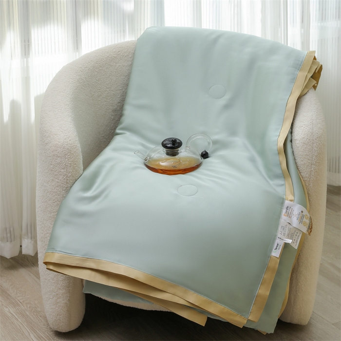 91家纺网 家纺一手货源 找家纺 沐白家居202360S天丝纯色双拼夏被四件套被子被芯 浅艾绿-香槟金