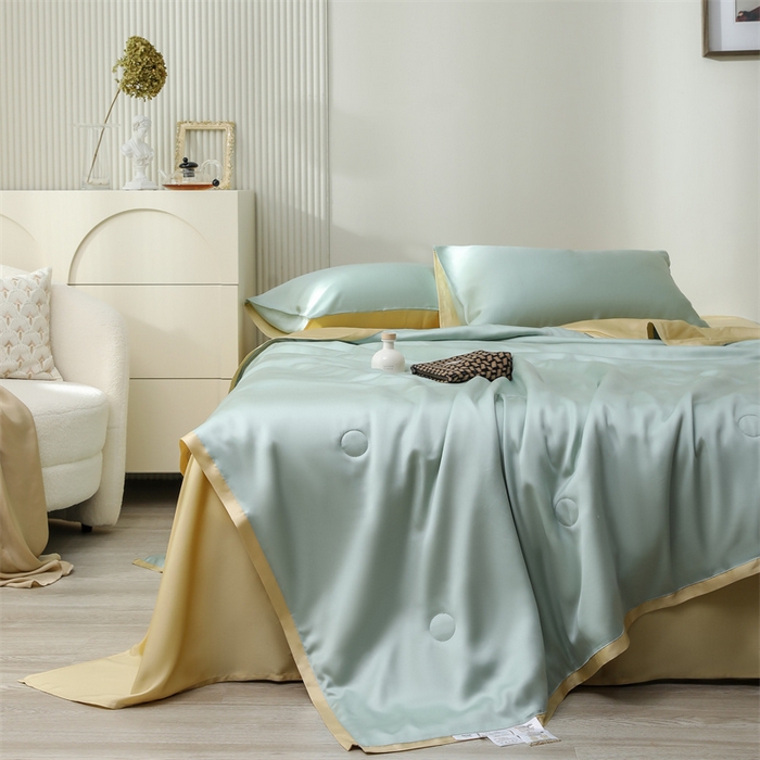 91家纺网 家纺一手货源 找家纺 沐白家居202360S天丝纯色双拼夏被四件套被子被芯 浅艾绿-香槟金