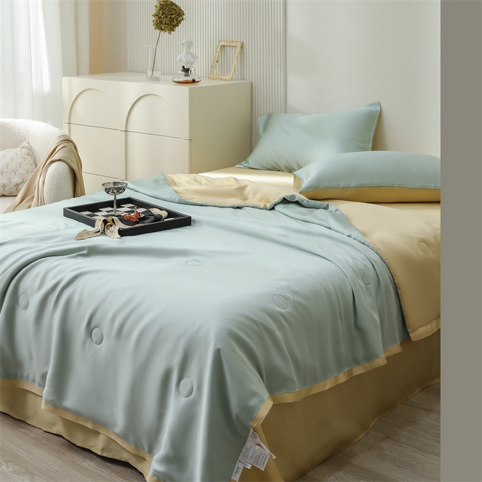 91家纺网 家纺一手货源 找家纺 沐白家居202360S天丝纯色双拼夏被四件套被子被芯 浅艾绿-香槟金