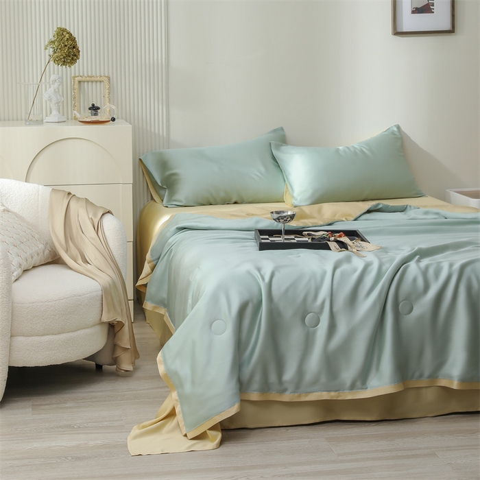 91家纺网 家纺一手货源 找家纺 沐白家居202360S天丝纯色双拼夏被四件套被子被芯 浅艾绿-香槟金