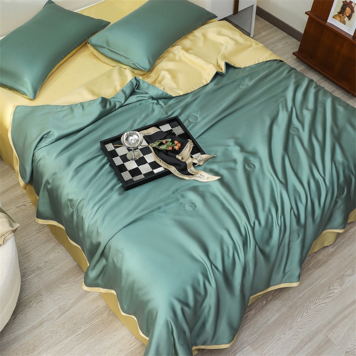 91家纺网 家纺一手货源 找家纺 沐白家居202360S天丝纯色双拼夏被四件套被子被芯 天青色-香槟金