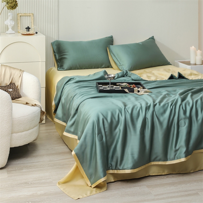 91家纺网 家纺一手货源 找家纺 沐白家居202360S天丝纯色双拼夏被四件套被子被芯 天青色-香槟金