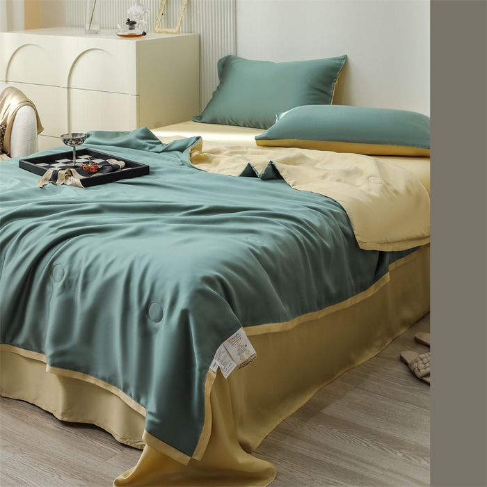 91家纺网 家纺一手货源 找家纺 沐白家居202360S天丝纯色双拼夏被四件套被子被芯 天青色-香槟金