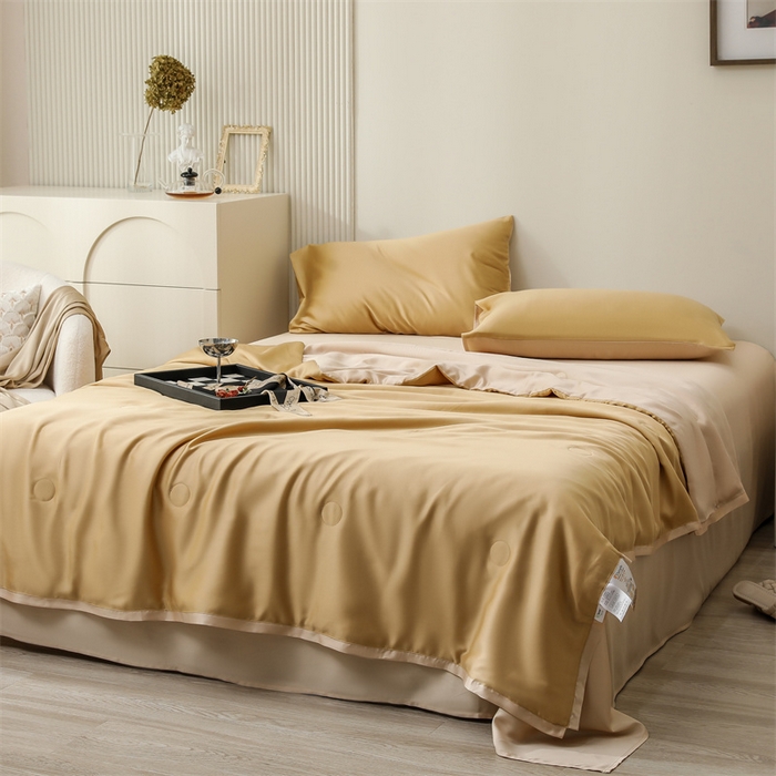 91家纺网 家纺一手货源 找家纺 沐白家居202360S天丝纯色双拼夏被四件套被子被芯 芝士黄-沙茶色